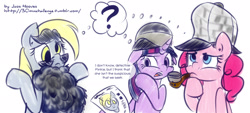 Size: 2660x1200 | Tagged: safe, artist:jcosneverexisted, derpy hooves, pinkie pie, twilight sparkle, pegasus, pony, 30 minute art challenge, beard, disguise, female, glasses, hat, mare, pipe