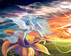 Size: 1200x949 | Tagged: safe, artist:dragonataxia, princess celestia, alicorn, butterfly, pony, birth, eyes closed, female, flower, mare, rearing, solo