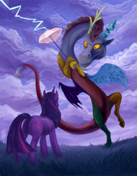 Size: 1560x2000 | Tagged: safe, artist:dragonataxia, discord, twilight sparkle, pony, unicorn, female, lightning, mare, umbrella