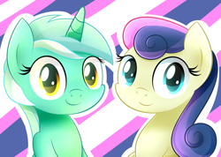 Size: 1024x731 | Tagged: safe, artist:heavymetalbronyyeah, bon bon, lyra heartstrings, sweetie drops, earth pony, pony, unicorn, bust, cute, duo, female, looking at you, mare, portrait