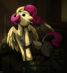 Size: 4241x4668 | Tagged: safe, artist:dimfann, fluttershy, pegasus, pony, semi-anthro, absurd resolution, clothes, knife, military, solo, tanktop, tattoo