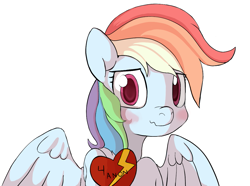 Size: 1151x857 | Tagged: safe, artist:yoditax, rainbow dash, oc, pegasus, pony, blushing, canon x oc, female, heart, implied anon, mare, shipping, simple background, solo