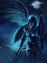 Size: 1500x2000 | Tagged: safe, artist:huussii, nightmare moon, human, armor, female, halberd, helmet, humanized, moon, night, polearm, solo, starry hair, weapon, winged humanization, wings, woman