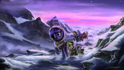 Size: 900x506 | Tagged: safe, artist:huussii, applejack, fluttershy, pinkie pie, rainbow dash, rarity, twilight sparkle, earth pony, pegasus, pony, unicorn, clothes, color porn, mountain, mountain range, snow, stretcher