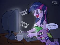 Size: 1400x1050 | Tagged: safe, artist:jcosneverexisted, spike, twilight sparkle, twilight sparkle (alicorn), dog, equestria girls, bloodshot eyes, computer, gamer girl, messy hair, spike the dog, tired, video game