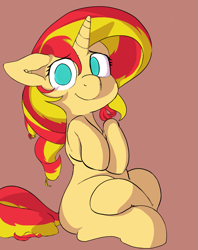Size: 853x1075 | Tagged: safe, artist:yoditax, sunset shimmer, pony, unicorn, blank flank, cute, looking at you, shimmerbetes, sitting, smiling, solo