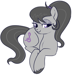 Size: 500x517 | Tagged: safe, artist:lulubell, octavia melody, earth pony, pony, alternate hairstyle, bedroom eyes, looking at you, ponytail, prone, simple background, smiling, solo, transparent background, unshorn fetlocks