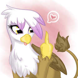 Size: 800x800 | Tagged: safe, artist:bamboodog, gilda, griffon, cute, female, heart, middle finger, playful, solo, tongue out, vulgar