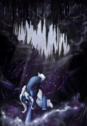 Size: 2408x3494 | Tagged: safe, artist:miradge, artist:noel, trixie, alicorn, bat pony, bat pony alicorn, pony, alicornified, cave, colored wings, crepuscular rays, crying, female, hat, high res, mare, race swap, solo, stalactite, stalagmite, starry wings, trixiecorn, wings