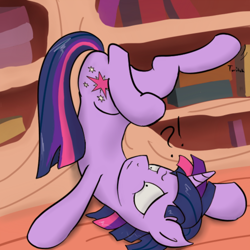 Size: 560x560 | Tagged: safe, artist:muffinsforever, dusk shine, twilight sparkle, pony, unicorn, exclamation point, female to male, golden oaks library, implied transformation, interrobang, male, question mark, rule 63, solo, stallion, transformation, unicorn dusk shine, upside down