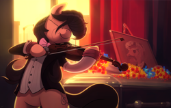 Size: 3000x1894 | Tagged: safe, artist:dimfann, octavia melody, earth pony, pony, bipedal, casket, clothes, coffin, crying, flower, funeral, suit, tuxedo, violin