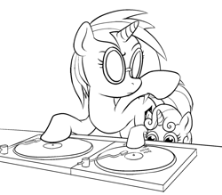 Size: 900x788 | Tagged: safe, artist:okiedokielowkey, dj pon-3, sweetie belle, vinyl scratch, pony, unicorn, female, filly, mare, monochrome, simple background, turntable