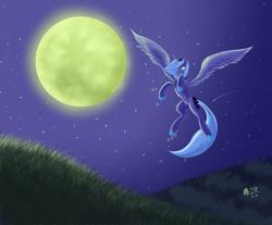 Size: 1744x1444 | Tagged: safe, artist:sagebrushpony, princess luna, alicorn, pony, female, flying, glowing eyes, mare, moon, night, s1 luna, solo, spread wings, stars, wings