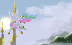 Size: 2400x1500 | Tagged: safe, artist:sagebrushpony, princess celestia, alicorn, pony, canterlot, female, flying, mare, solo, sun