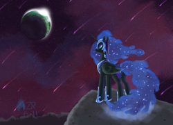 Size: 2160x1556 | Tagged: safe, artist:sagebrushpony, nightmare moon, alicorn, pony, angry, banished, female, mare, meteor shower, moon, night sky, sky, solo