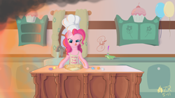 Size: 1920x1080 | Tagged: safe, artist:sagebrushpony, gummy, pinkie pie, earth pony, pony, apron, baking, bipedal, chef's hat, clothes, cooking, female, fire, food, hat, kitchen, mare, rolling pin, tongue out, wallpaper