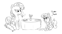 Size: 900x496 | Tagged: safe, artist:okiedokielowkey, rarity, sweetie belle, pony, unicorn, cushion, dinner, dumb fabric, female, filly, food, magic, mare, meatball, messy, messy eating, monochrome, pasta, ponies eating meat, simple background, sitting, spaghetti, sweetie fail