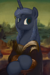 Size: 687x1024 | Tagged: dead source, safe, artist:selenophile, princess luna, alicorn, pony, clothes, fine art parody, mona lisa, moonlight inquiries, portrait, solo