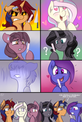 Size: 1500x2232 | Tagged: safe, artist:meggchan, oc, oc only, oc:electric spark, oc:pop candy, oc:purple skies, oc:star burst, oc:sweet voltage, oc:tricky, pony, unicorn, :o, angry, blushing, comic, confused, earring, elecstar, electricky, fear, floppy ears, frown, goggles, gritted teeth, heart, heart eyes, hoof hold, implied incest, implied testicular cancer, open mouth, piercing, popspark, pregnancy test, question mark, shocked, smiling, wingding eyes