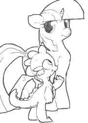 Size: 275x381 | Tagged: safe, artist:yoditax, spike, twilight sparkle, unicorn twilight, dragon, pony, unicorn, duo, female, flockdraw, grayscale, mare, monochrome