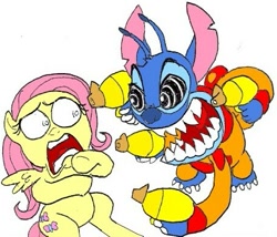 Size: 457x392 | Tagged: safe, artist:terry, fluttershy, pegasus, pony, crossover, disney, experiment 626, female, mare, shocked, simple background, stitch, weapon, white background