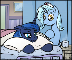 Size: 800x661 | Tagged: safe, artist:selenophile, princess luna, oc, oc:cobalt, alicorn, pony, unicorn, commission, floppy ears, mug, patreon, pillow, sick, smiling