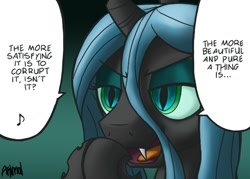 Size: 648x464 | Tagged: safe, artist:anearbyanimal, queen chrysalis, changeling, changeling queen, dialogue, fangs, female, gradient background, hooves together, hooves up, raised hoof, right to left, signature, solo, speech bubble, text