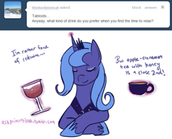 Size: 649x525 | Tagged: safe, artist:lulubell, princess luna, alicorn, pony, ask, askprincessluna, cup, eyes closed, glass, magic, s1 luna, simple background, solo, tea, tumblr, white background, wine