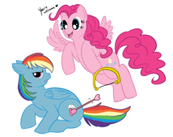 Size: 700x555 | Tagged: safe, artist:lulubell, pinkie pie, rainbow dash, pegasus, pony, arrow, bow (weapon), cupid, pegasus pinkie pie, race swap, simple background, white background