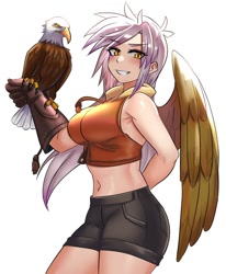 Size: 800x972 | Tagged: safe, artist:tzc, gilda, bald eagle, bird, eagle, human, anime, blushing, breasts, clothes, falconry, gauntlet, gil-zongas, gloves, humanized, shorts, simple background, smiling, solo, white background, winged humanization, wings