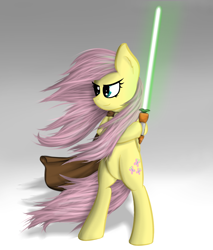 Size: 1280x1501 | Tagged: safe, artist:marsminer, fluttershy, pegasus, pony, bipedal, carrot, cloak, clothes, flutterbadass, food, hoof hold, jedi, lightsaber, star wars