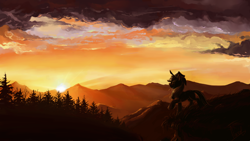 Size: 1920x1080 | Tagged: dead source, safe, artist:fiarel, applejack, earth pony, pony, backlighting, female, mare, mountain, mountain range, scenery, solo, sunset, wallpaper