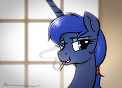 Size: 750x543 | Tagged: safe, artist:selenophile, princess luna, alicorn, pony, bedroom eyes, cigarette, grin, looking at you, messy mane, missing accessory, morning, smiling, smirk, smoke, smoking, solo