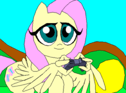 Size: 320x237 | Tagged: safe, artist:terry, fluttershy, pegasus, pony, animated, blue background, controller, cutie mark, female, gamershy, gaming, gif, mare, pillow, playing video games, prone, remote control, simple background, smiling, sofa, solo, video game, wat, wing hands