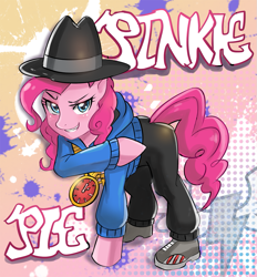 Size: 1035x1116 | Tagged: safe, artist:tzc, pinkie pie, earth pony, pony, testing testing 1-2-3, clock, clothes, female, hat, hoodie, lidded eyes, mare, pants, pixiv, rapper pie, shoes, smiling, solo