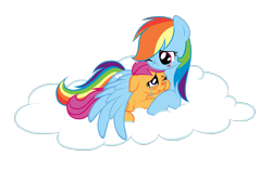 Size: 1300x813 | Tagged: dead source, safe, artist:candyandbiffle, rainbow dash, scootaloo, pegasus, pony, blushing, cloud, comforting, crying, cute, cutie mark, duo, female, filly, floppy ears, foal, hooves, hug, love, lying on a cloud, mare, on a cloud, one eye closed, open mouth, prone, scootalove, simple background, transparent background, winghug, wings