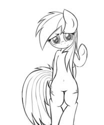 Size: 816x979 | Tagged: safe, artist:heavymetalbronyyeah, rainbow dash, pegasus, pony, belly button, bipedal, black and white, blushing, both cutie marks, cute, female, grayscale, looking at you, mare, monochrome, simple background, sketch, solo, underhoof, waving, white background