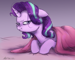 Size: 2259x1806 | Tagged: safe, artist:buttersprinkle, starlight glimmer, pony, unicorn, angry, bags under eyes, blanket, cute, female, floppy ears, grumpy, looking at you, madorable, mare, messy mane, not a morning pony, scrunchy face, solo, starlight is not amused, unamused