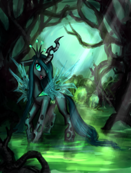 Size: 1354x1777 | Tagged: dead source, safe, artist:nyarmarr, queen chrysalis, changeling, changeling queen, crepuscular rays, female, solo, swamp