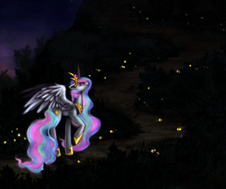 Size: 1800x1508 | Tagged: safe, artist:nyarmarr, princess celestia, alicorn, firefly (insect), pony, female, mare, night, solo, walking