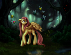 Size: 1277x1000 | Tagged: safe, artist:nyarmarr, fluttershy, parasprite, pegasus, pony, everfree forest, eyes in the dark, female, floppy ears, forest, mare, water