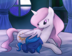 Size: 900x703 | Tagged: safe, artist:monochromaticbay, princess celestia, princess luna, alicorn, pony, bed, cute, female, filly, night, prone, royal sisters, siblings, sisterly love, sisters, sleeping, window, wing blanket, woona