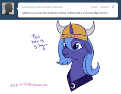 Size: 653x510 | Tagged: safe, artist:lulubell, princess luna, alicorn, pony, ask, askprincessluna, helmet, horned helmet, s1 luna, simple background, solo, tumblr, viking helmet, white background