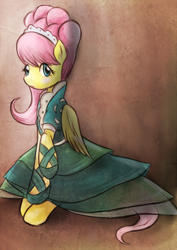 Size: 900x1271 | Tagged: safe, artist:monochromaticbay, fluttershy, pegasus, pony, alternate hairstyle, clothes, cute, dress, female, mare, modelshy, shyabetes, solo