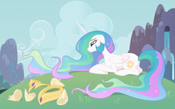 Size: 1440x900 | Tagged: dead source, safe, artist:kumkrum, princess celestia, alicorn, pony, depressedia, female, floppy ears, lying, mare, missing accessory, prone, regalia, solo, tired