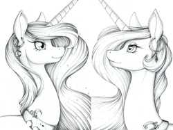 Size: 1644x1232 | Tagged: safe, artist:longinius, princess celestia, princess luna, alicorn, pony, grayscale, monochrome, piercing, portrait, sketch, smiling, traditional art