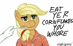 Size: 1280x800 | Tagged: safe, artist:anearbyanimal, applejack, anthro, earth pony, pony, corn flakes, plaid, vulgar, wat