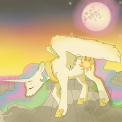 Size: 800x800 | Tagged: safe, artist:lulubell, princess celestia, alicorn, pony, female, horn, mare, moon, multicolored mane, solo, white coat