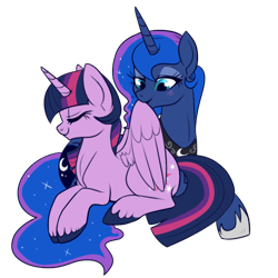 Size: 500x500 | Tagged: safe, artist:lulubell, princess luna, twilight sparkle, twilight sparkle (alicorn), alicorn, pony, bedroom eyes, blushing, eyes closed, female, lesbian, mare, preening, prone, shipping, simple background, smiling, transparent background, twiluna, unshorn fetlocks