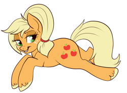 Size: 648x475 | Tagged: safe, artist:lulubell, applejack, earth pony, pony, alternate hairstyle, bedroom eyes, grin, hooves, looking at you, prone, simple background, smiling, solo, transparent background, unshorn fetlocks